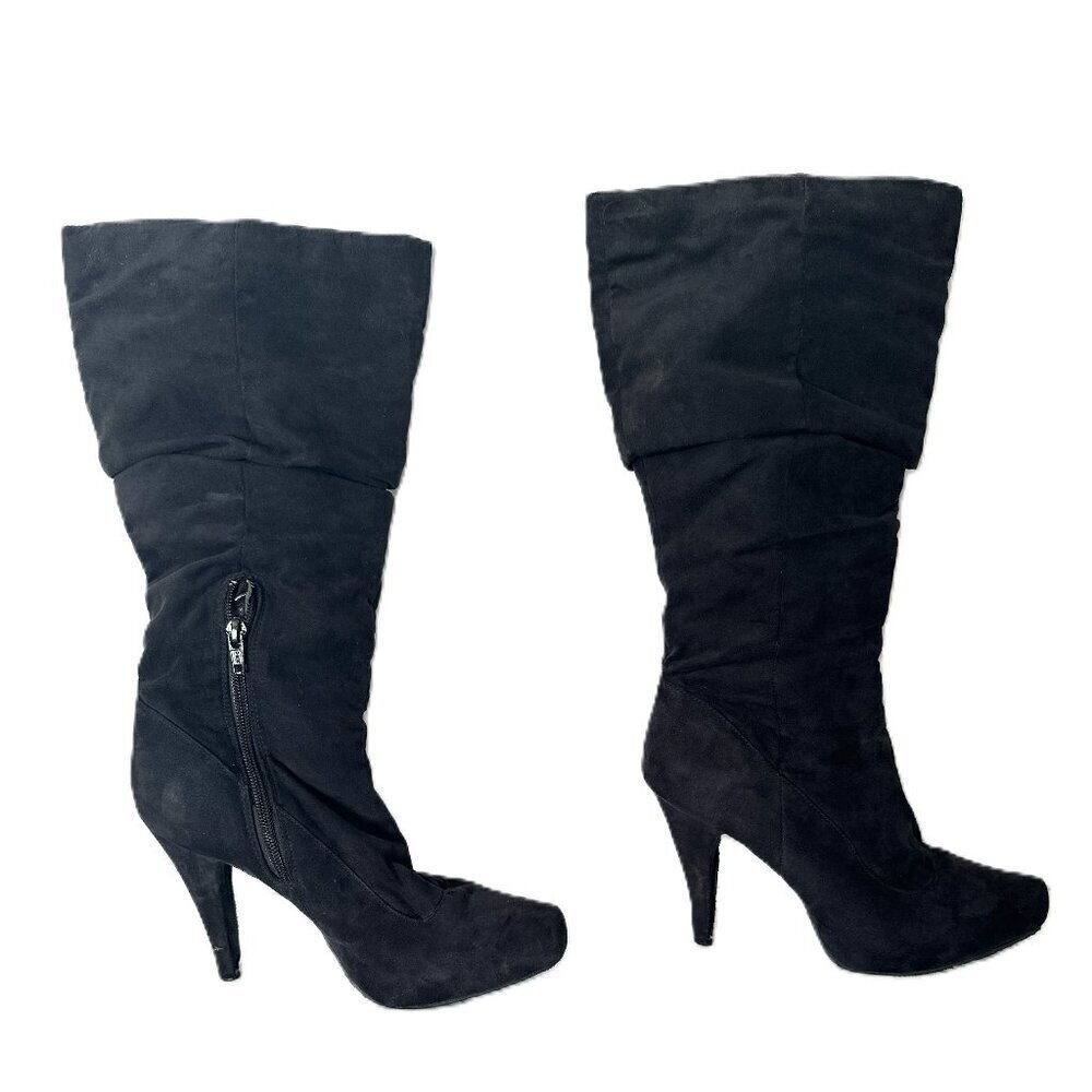 Black Suede Boots Heels Ankle Zipper Size 7 1/2